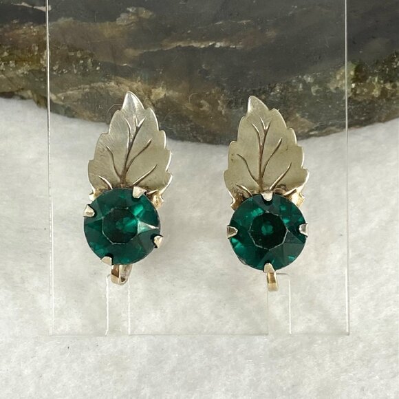 VTG Sterling Silver 925 Round Faceted Green Glass Leaf Screw Back Earrings - Picture 11 of 16